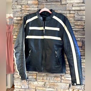 Xelements Leather Motorcycle Jacket size Large 
Black with White Stripes
